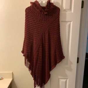 Dark Red Hooded Fringe Poncho